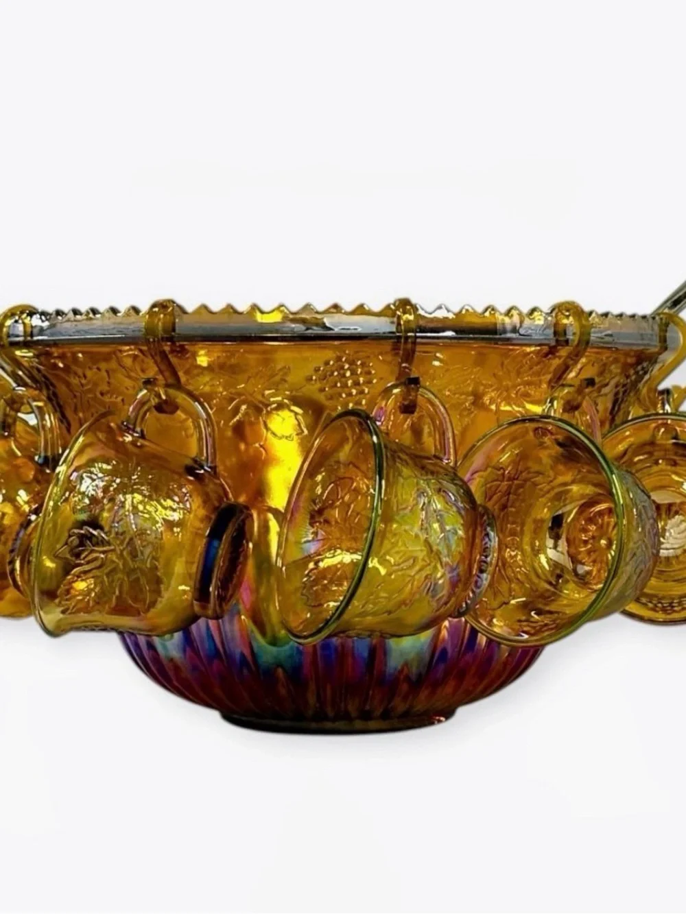 Vintage Indiana Glass Harvest Grape Marigold Carnival Punch Bowl Set 12 Cups